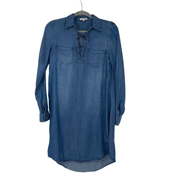 Maurices Lace Up Chambray Shirt Dress Womens XS Pockets Lightweight Roll Sleeve - Picture 2 of 9